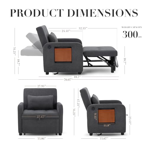 COLAMY Convertible Sleeper Chair-Fabric Futon Sofa Bed, Single Sleeper Sofa, Small Couch Bed with USB Port, Foldable Table, Pillow