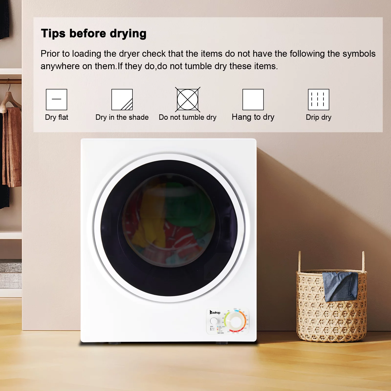 iRerts Portable Clothes Dryer, 850W 1.6cu ft Front Load Electric Clothes Dryer, Compact Laundry Dryer with Stainless Steel Tub, Wall Mount Kit