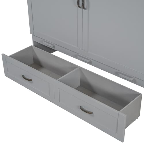 Harper & Bright Designs Full Size Murphy Bed Cabinet Wall Bed, Solid Pine Murphy Bed Chest with USB Ports