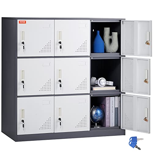 VEVOR Metal Locker for Employees, 9 Doors Storage Cabinet with Card Slot, Gray Steel Employee Lockers with Keys