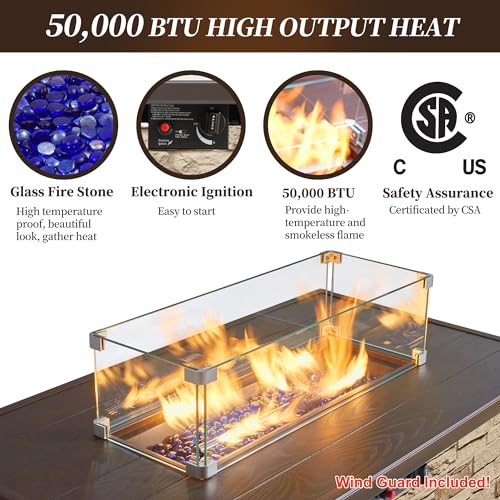 43¡± Propane Fire Pit Table Outdoor Rectangular Stone Firepit Table 50,000 Btu Propane Fire Tables for Outside Patio with Glass Wind Guard, Lid