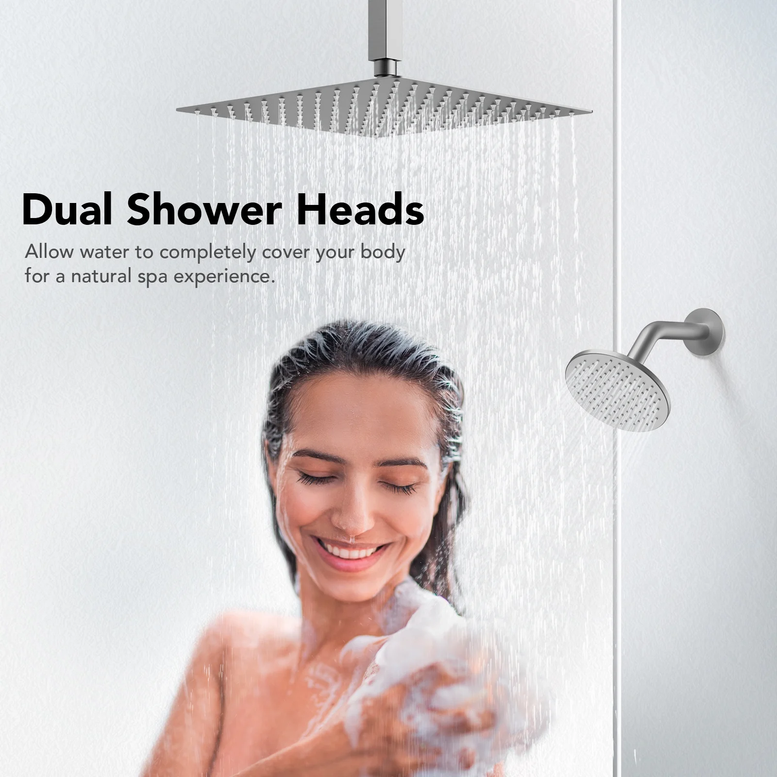 EVERSTEIN Dual Heads Thermostatic Shower Faucet Set 12" Rainfall & High Pressure 6" Fixture Shower System with Rough-in Valve Side Jets Spray Brushed