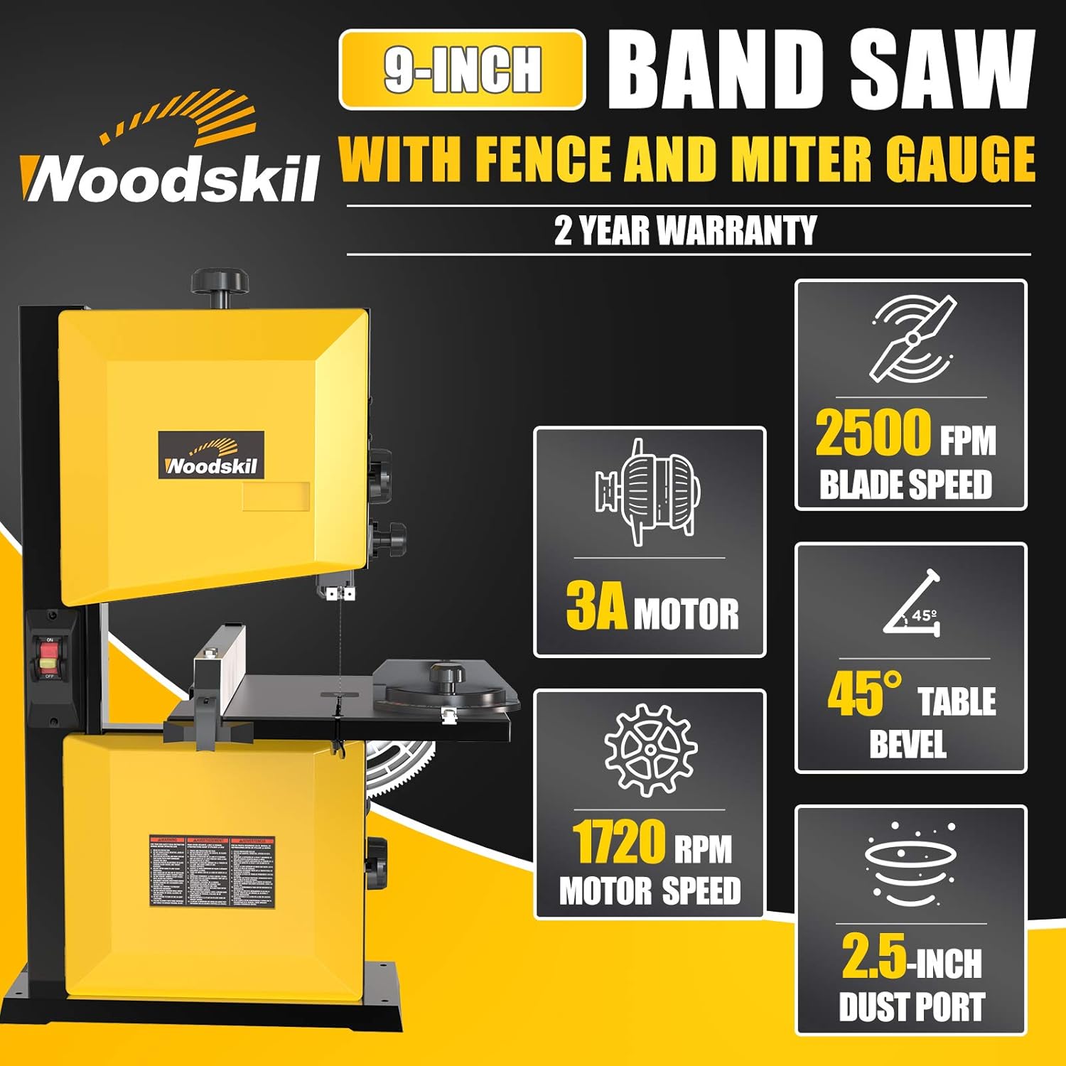 Woodskil 3A 9-Inch Band Saw,2500FPM & 1720RPM Low Noise Induction Motor Bandsaw Anti-Shake with Steel Base and Cast Aluminum Table