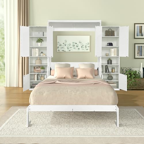 Queen Size Murphy Bed with Desk & Charging Station,Wall Bed Frame Folding into Cabinet Design w/LED & Storage Shelf for Small Space,Bedroom