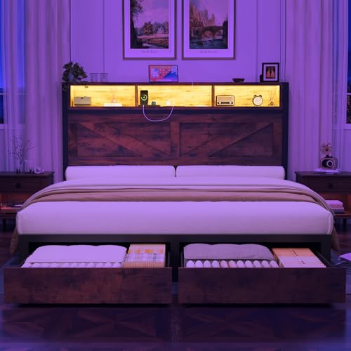 Farmhouse Full Bed Frame with Bookcase Storage Headboard, Charging Station, LED Light and 2 Storage Drawers, Noise Free, No Box Spring Needed, Brown