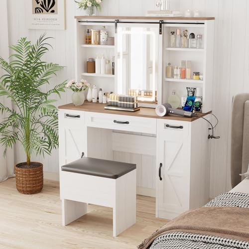 Farmhouse Vanity Desk with Sliding Lighted Mirror & Stool, Vanity Dresser Combo, Large Makeup Vanity with 8 Storage Shelves, 5 Drawers