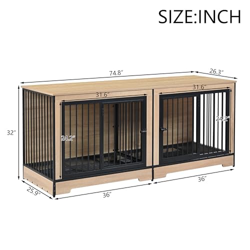 XL Double Large Dog Crate Furniture for 2 Dogs, Heavy Duty Dog Crate with Two Combined Rooms for Medium & Large Dogs
