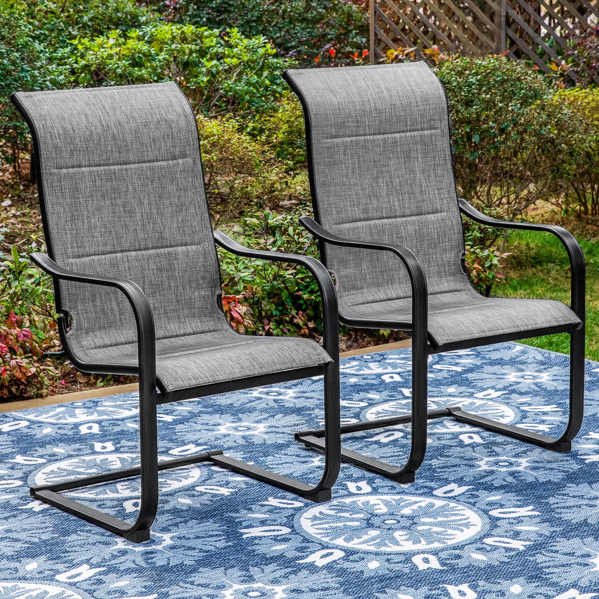 MF Studio 7 Pieces Outdoor Patio Dinning Set with 6 C Spring Textilene Chairs and 1 Metal Extendable Dining Table for 6 Person,Black&Gray