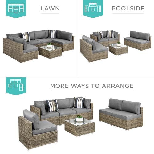Best Choice Products 7-Piece Modular Outdoor Sectional Wicker Patio Conversation Set w/ 2 Pillows, Coffee Table, Cover Included - Gray/Navy