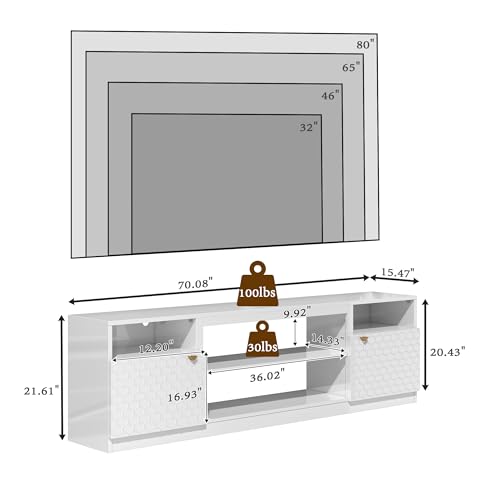 Modern Luxury TV Stand for TVs up to 80",High Gloss Finish Media Console with Two Doors and Storage Cabinets