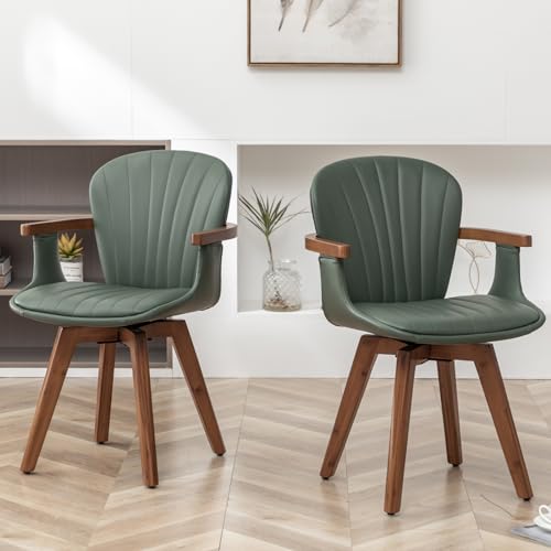 LUNLING Swivel Dining Chairs Set of 2, Mid Century Modern Gray Fabric+Faux Leather Kitchen Chairs with Arms,Bamboo Legs Side Chairs No Wheels
