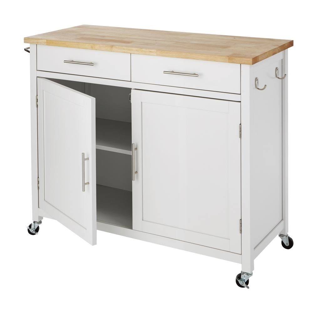 StyleWell Glenville White Kitchen Cart with 2 Drawers, White with Natural Wood Top