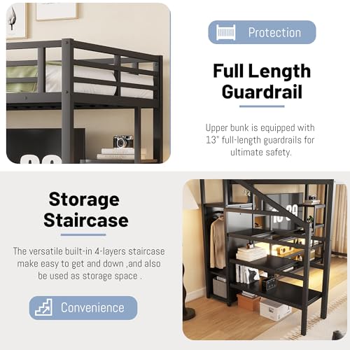 Queen Loft Bed with L-Shaped Desk and Stairs,Metal Queen Size LoftBed with Wardrobe and Adjustable Shelf, Gaming Bed with LED and USB