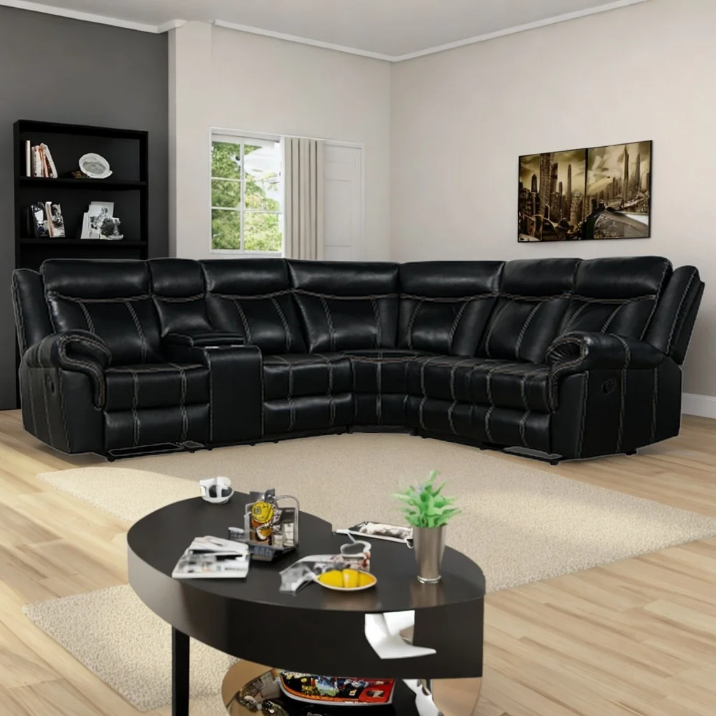 Home Theater Seating Manual Recliner Sofas with Cup Holder, Hide-Away Storage, 2 USB Ports and 2 Power Sockets for Living Room, Home Theater (Black)