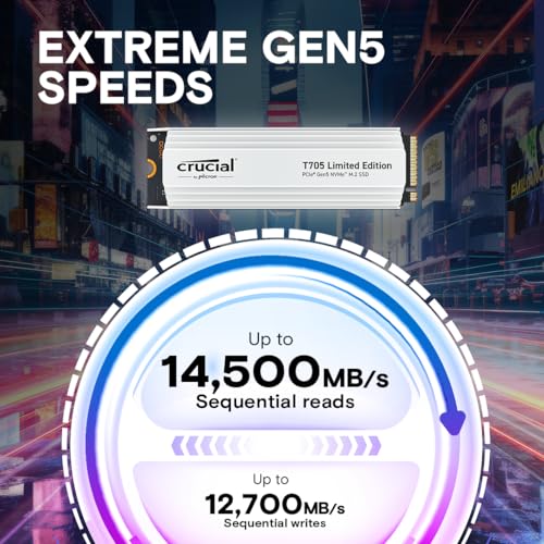 Crucial T705 2TB PCIe Gen5 NVMe M.2 SSD - Up to 14,500 MB/s - Game Ready - Internal Solid State Drive (PC) - +1mo Adobe CC - CT2000T705SSD3