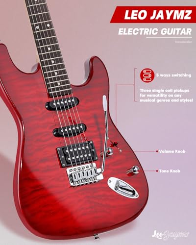 Leo Jaymz 39" Full Size ST Style Electric Guitar Starter Kit with SSH Pickup, 5W Portable Amp, Tuner, Gig Bag, Strap & Accessories (Violet Ocean)