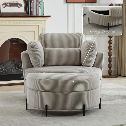 Aoiy & Wifon 42.2" W Oversized Swivel Barrel Chair with Ottoman, Upholstered Round Accent Chair with Storage Ottoman, Chenille, Beige