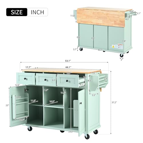 Rolling Kitchen Island with Drop Leaf & Power Outlet, Large Kitchen Islands Cart on Wheels