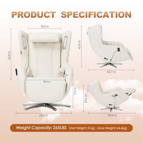 COLAMY Zero-Gravity Massage Chair | Massage and Leisure Dual-Use Chair,360° Swivel,Heat, Low-Noise 3D Bluetooth Speaker,Living Room, Bedroom（White