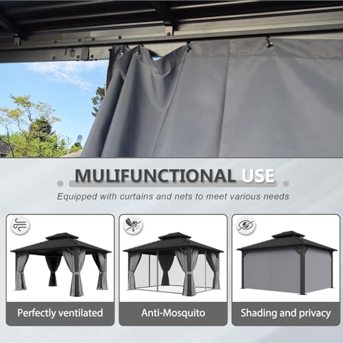 Aoxun 10' X 12' Hardtop Gazebo, Aluminum Metal Outdoor Gazebo with Galvanized Steel Double Roof
