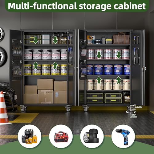 71" Metal Storage Cabinet with Wheels and Pegboard, Lockable Rolling Steel Storage Cabinet with 5 Adjustable Shelves and Door for Garage, Office