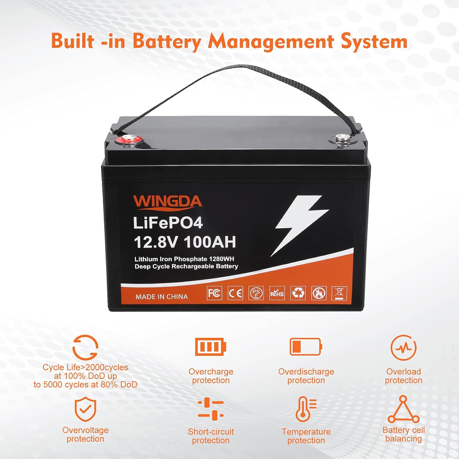 WINGDA LiFePO4 Battery 100Ah 12V Deep Cycle Lithium Batteries with Built-In BMS,5000+ Cycles 10 Year Life Time Rechargeable for RV, Solar Power