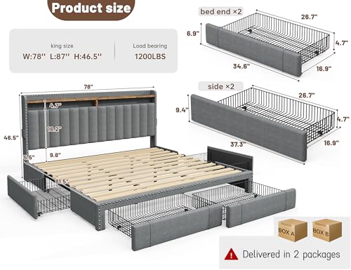 EnHomee Queen Bed Frame with 3 Storage Drawers, Upholstered Bed Frame Queen Size with 2-Tier Storage Headboard, Wooden Slats, No Box Spring Needed