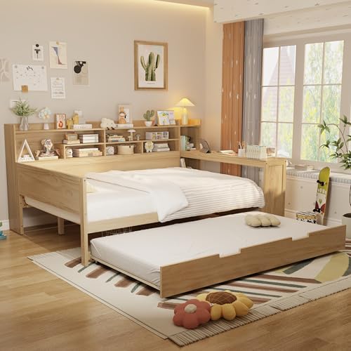 Corner Twin Bed Frame with Bookcase Storage and Desk, Wood Day Beds with 2 Drawers, Twin Size Daybed with Storage for Living Room