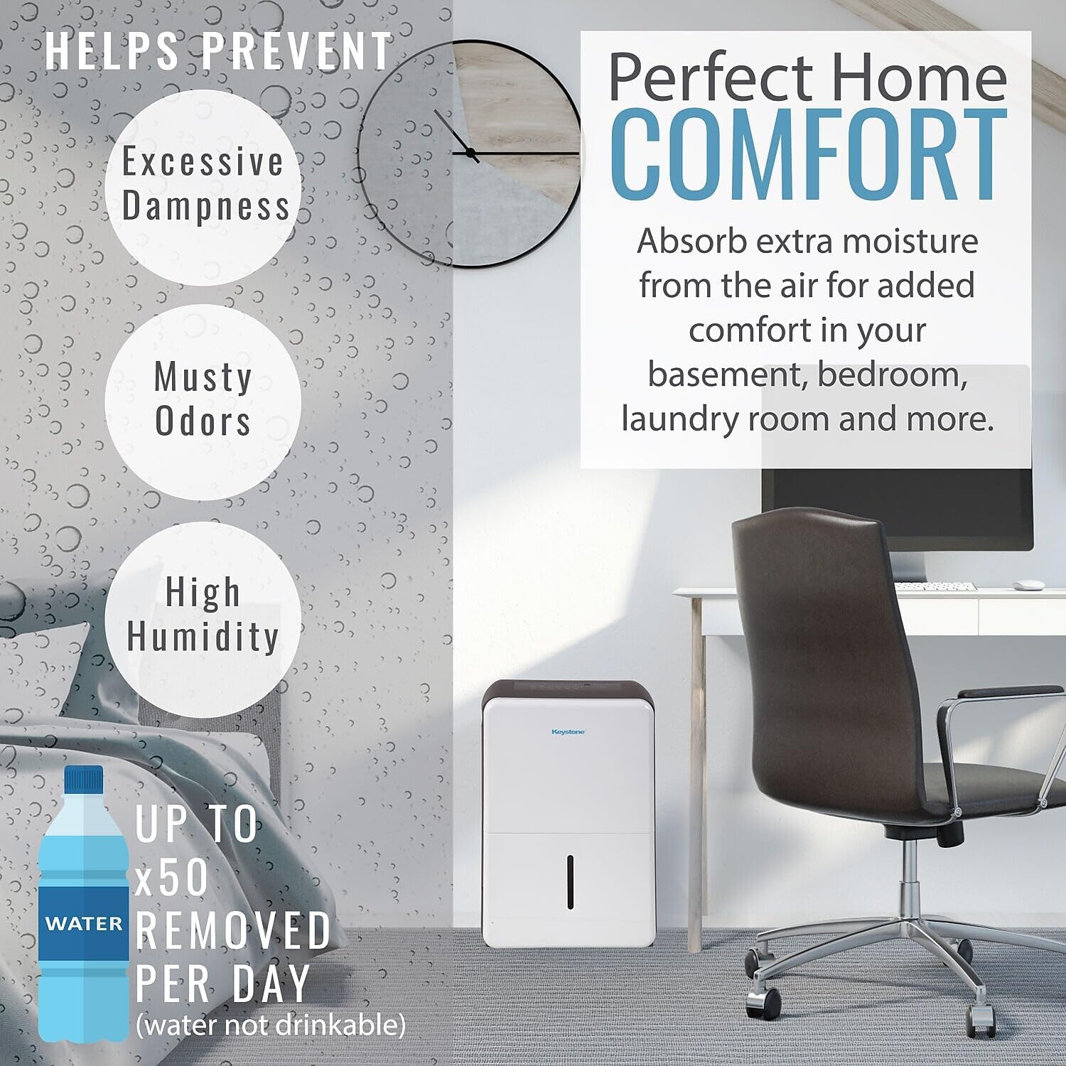 Keystone Energy Star 50-Pint Portable Dehumidifier for Basement, Garage, Living Room, and Extra Large Rooms up to 4,500 Sq.Ft.
