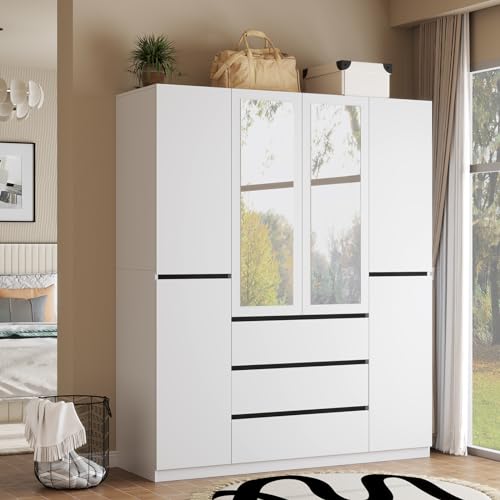 Wakefit Armoire Wardrobe Closet, 4 Doors Wooden Wardrobe Closet Cabinet with Mirro