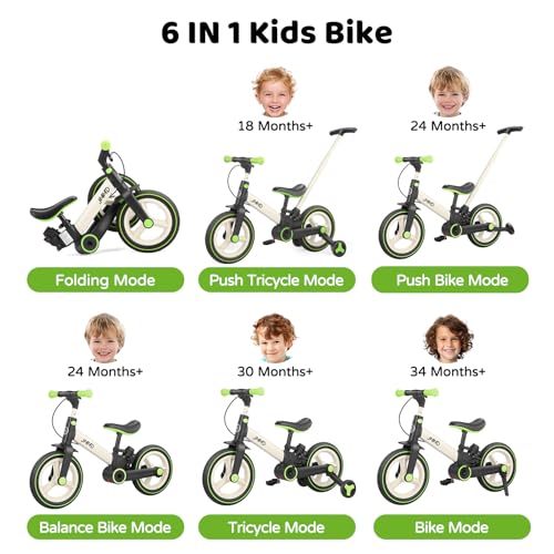 JMMD Toddler Bike with Push Handle for Kids 18-60 Months, 6 in 1 Foldable Push Bike with Training Wheels, Pedals, Brakes, Kickstand