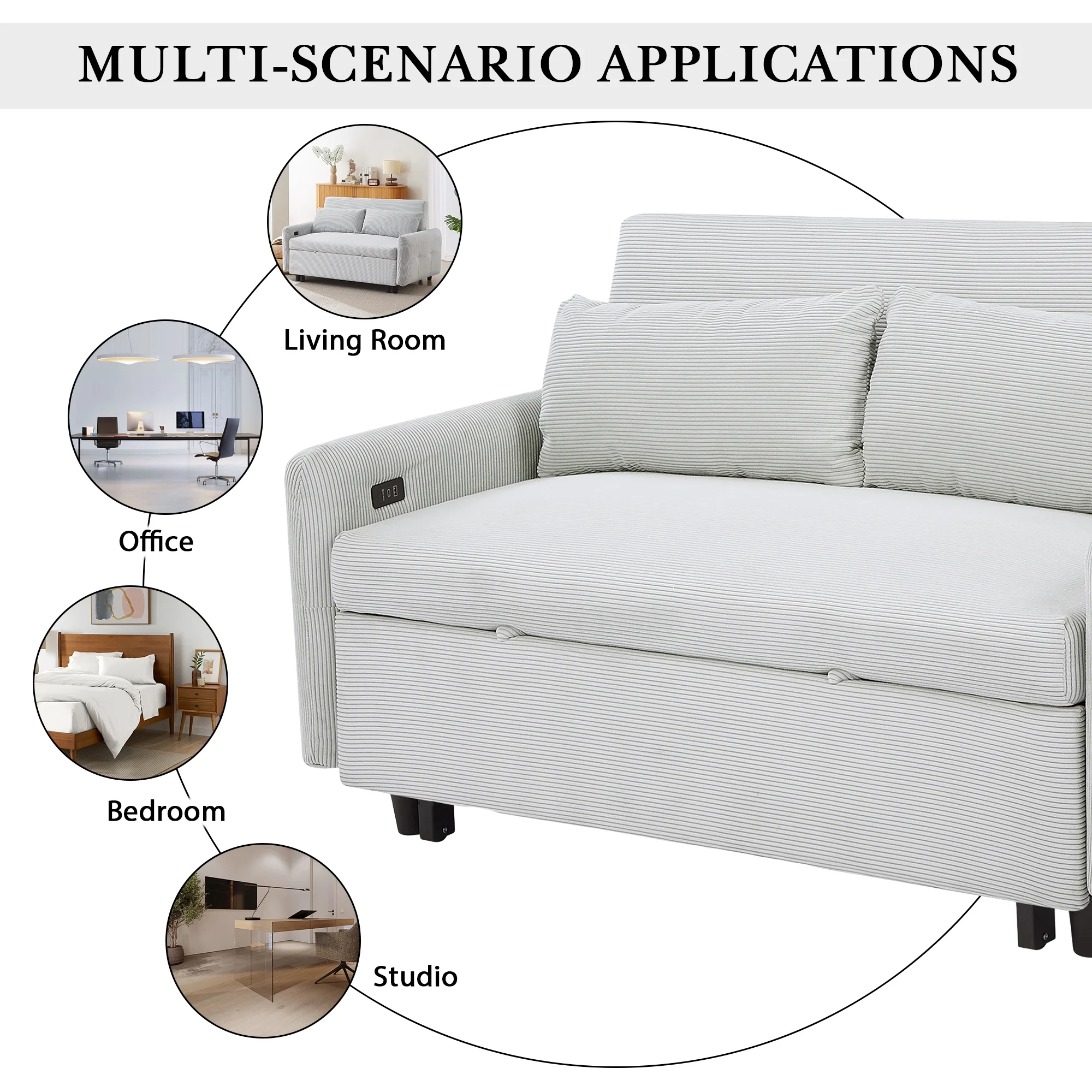 EUROCO 57.48" 3-in-1 Pull-out Convertible Sofa Bed Foldable Sleeper Corduroy Sofa Fabric Loveseat with 2 Throw Pillows