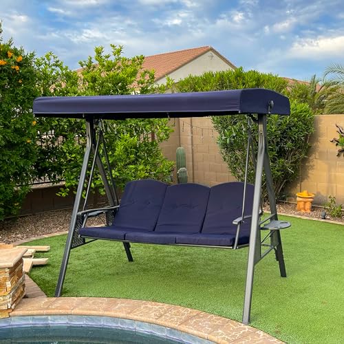 PURPLE LEAF Outdoor Patio Porch Swing with Adjustable PVC Canopy, 3-seat Swing Chair Bench with Side Cup Holder for Backyard Front Porch Lawn