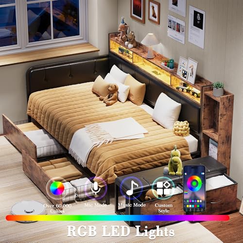 ANCTOR Corner Bed Frame, Twin Daybed with 2 Drawers & Charging Station, Platform Bed Frame Bookcase Headboard for Living Room, Bedroom and Guest Room