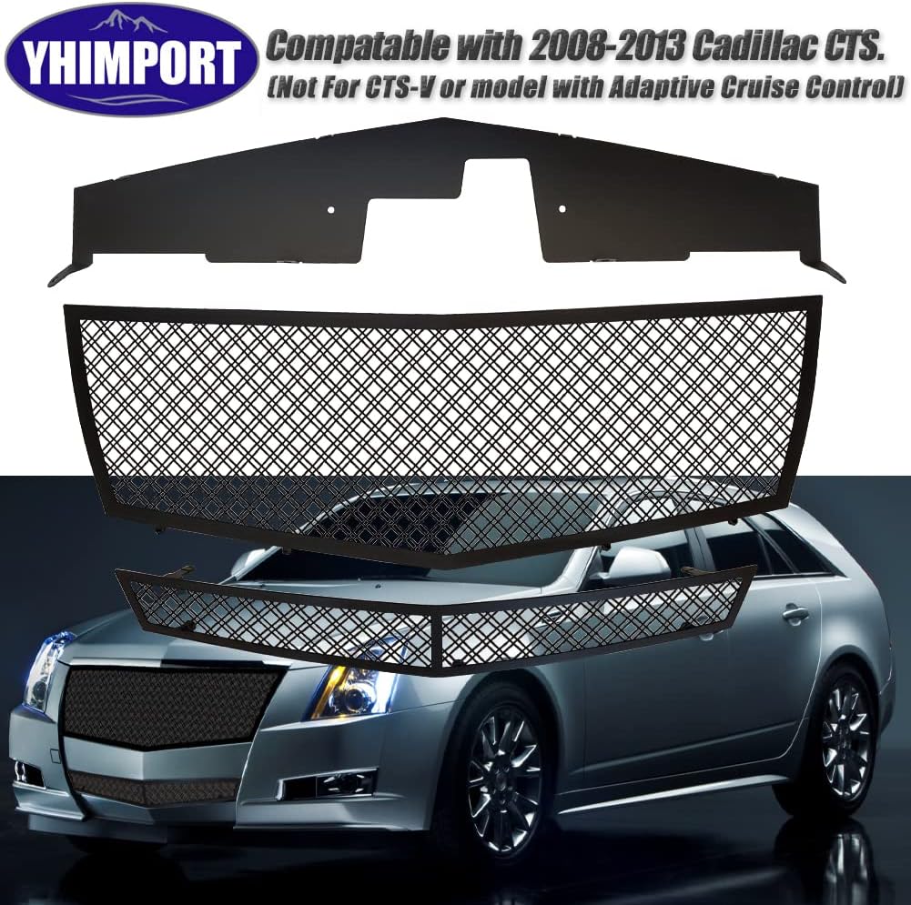 Compatible with 2008-2013 Cadillac CTS Stainless Steel Mesh Grille Grill Insert Combo (Not For CTS-V or model with Adaptive Cruise Control) (chrome
