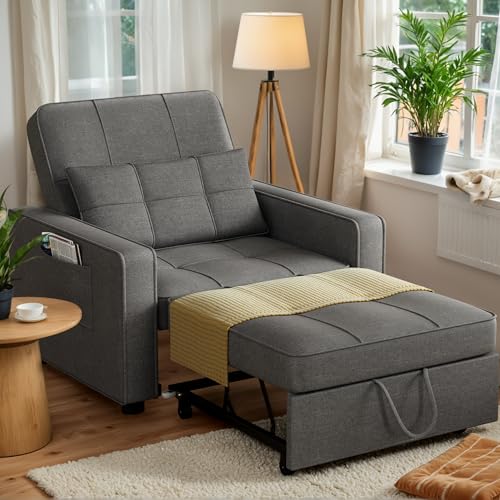 JUMMICO Sleeper Chair, 3-in-1 Convertible Sleeper Sofa Bed for Adults, Linen Fabric Pull Out Chair Bed with Adjustable Backrest, for Living Room