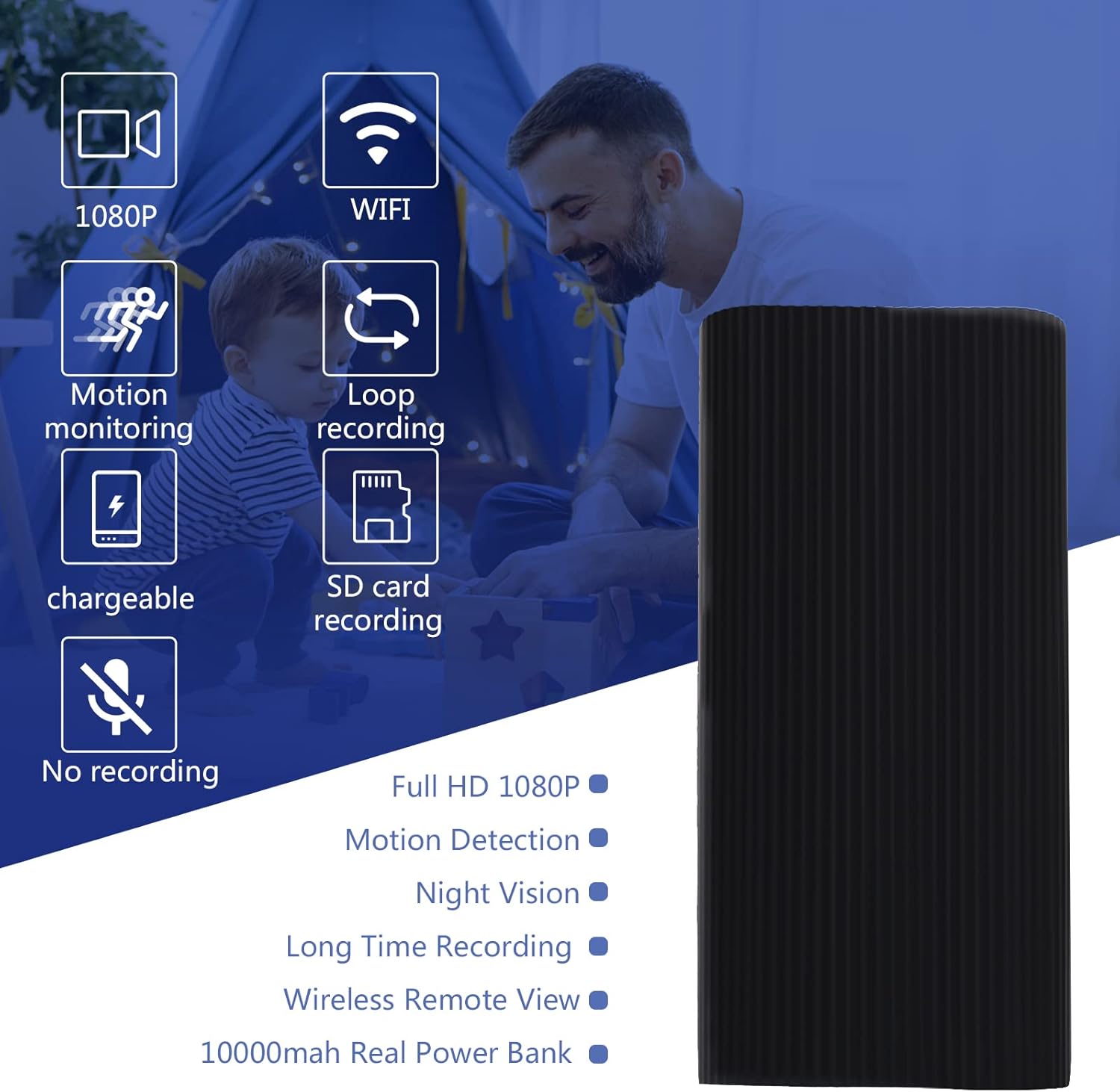 Power Bank Camera HD 1080P 6000mAh WiFi Camera Power Bank Mini Nanny Cam Remotely Live View Real-time for Security/Outdoor/Office No Audio