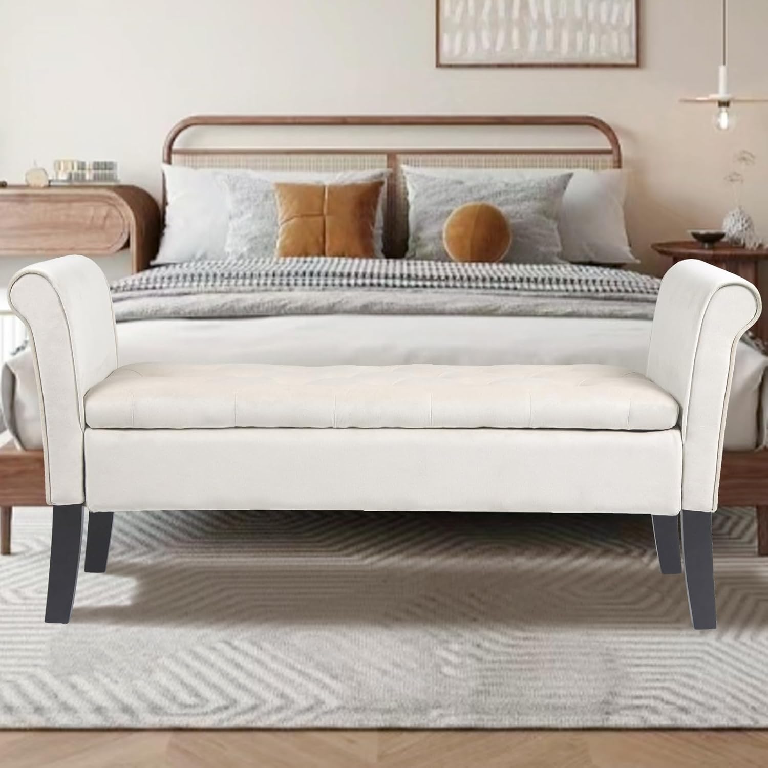 Storage Bench for Bedroom, 51" Tufted Large Upholstered Storage Ottoman End of Bed Bench, Rolled Arm Entryway Bench (Beige)