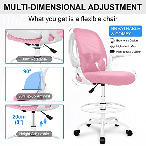 Primy Drafting Chair Tall Office Chair with Flip-up Armrests Executive Ergonomic Computer Standing Desk Chair with Lumbar Support and Adjustable