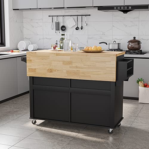Kitchen Cart with Wood Top and Drop Leaf Breakfast Bar, Rolling Mobile Kitchen Island Table on Wheels with Drawer and Storage Cabinet, Spice Rack