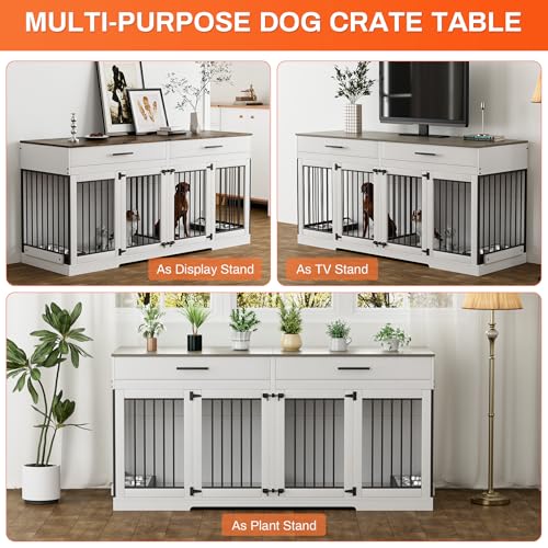 Rophefx 72" Dog Crate Furniture for 2 Dogs, Large Double Dog Kennel Indoor Furniture with 2 Storage Drawers and Removable Divider