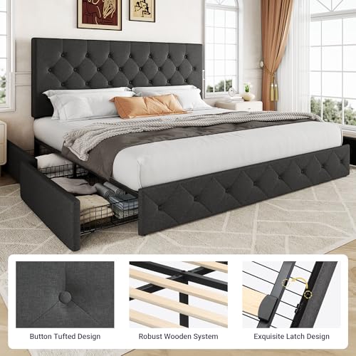 Allewie Upholstered Queen Size Platform Bed Frame with 4 Storage Drawers and Headboard, Square Stitched Button Tufted