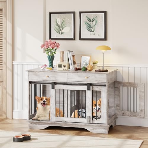 Dog Furniture Crate, 47" Large Dog Crate Furniture w/ 2 Storage Draws & Removable Divider for Large/Medium/Small Dogs (Grey, One Cage)