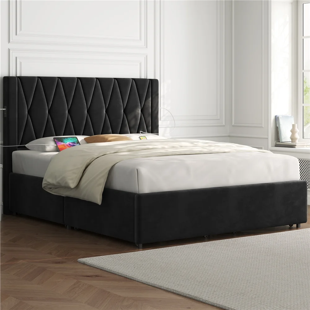 Topeakmart Modern Full Upholstered Bed with 4 Storage Drawers & Built-In USB Ports, Black