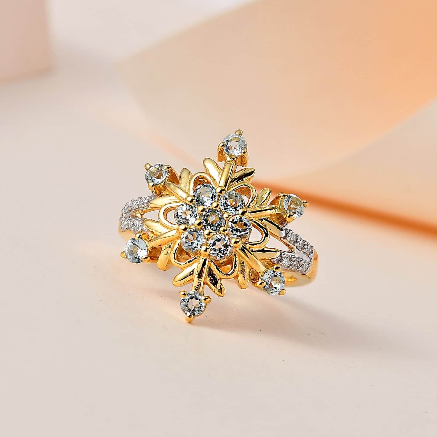 Shop LC Blue Skyblue Topaz Moissanite Round 925 Sterling Silver Vermeil Yellow Gold Plated Cluster Ring for Women Jewelry Size 9 Ct 0.94 Birthday