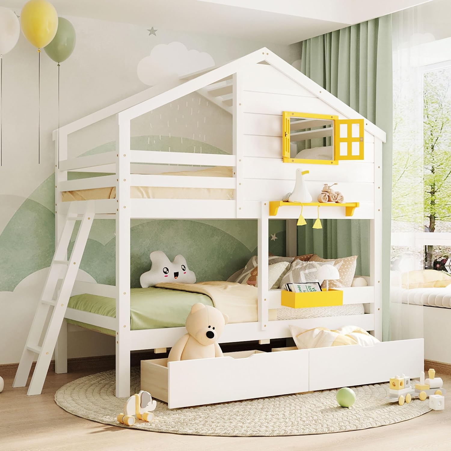 Multi-Functional Bunk Bed for Kids, Twin Size House Bunk Bedframe with Yellow Window & Two Storage Drawers, Open Shelves & Boxes