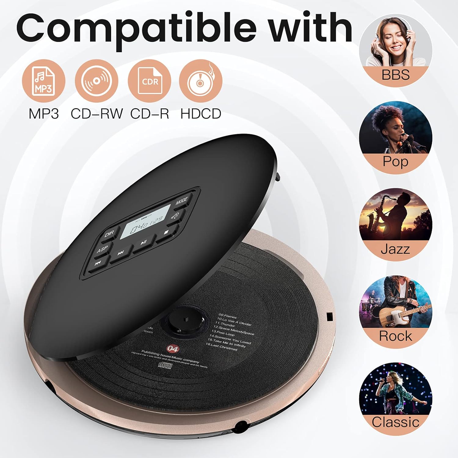 HOTT CD611 CD Player Portable Anti-Shock Personal Portable CD Player with Headphones USB AUX Output for Car Travel Home - Black