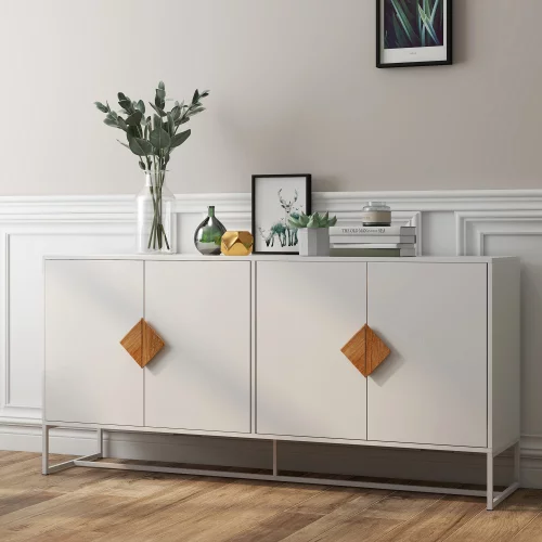 Saim Storage Sideboard Cabinet Double Storage Sideboard with 4 Doors, Solid Wood Square Handle Design Display Stand for Home, White