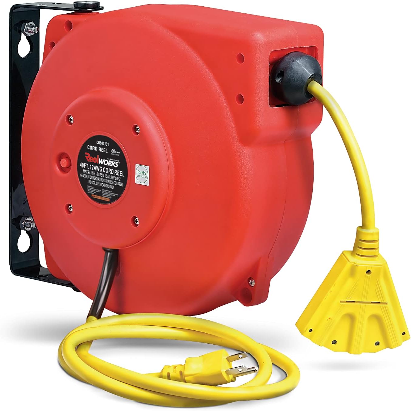 ReelWorks Retractable Extension Cord Reel Polypropylene 12AWG x 40' Foot Industrial Commercial Grade 3C SJT Cable Triple Tap Connector 15A 125VAC