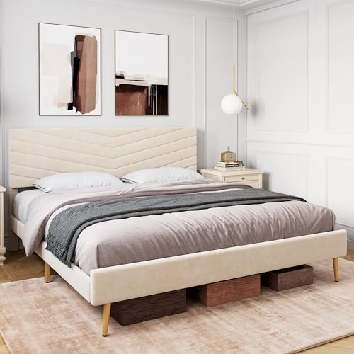 GAOMON King Size Bed Frame, Velvet Upholstered Platform Bed with Adjustable Headboard, Solid Wood Slats Support, No Box Spring Needed, Noise Free